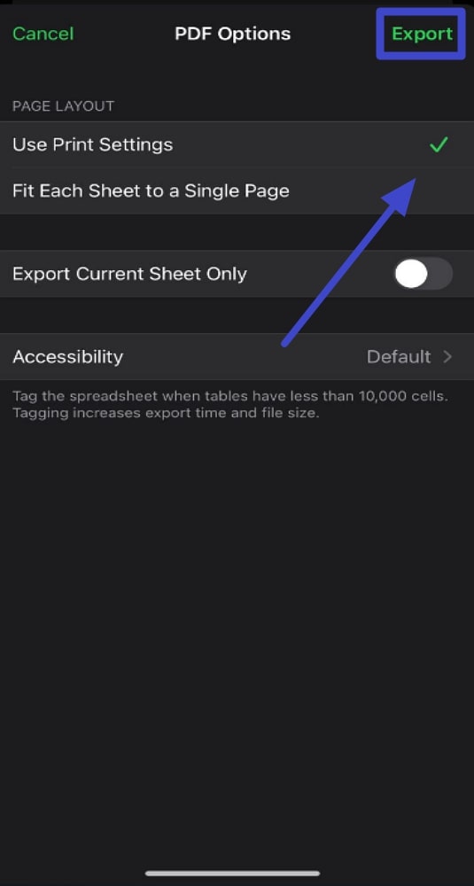 numbers to pdf press the export option
