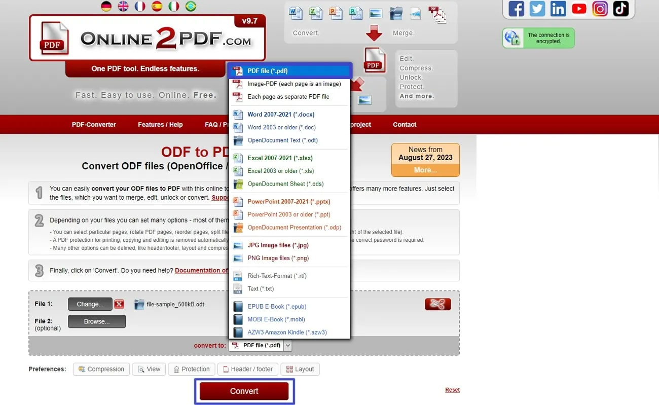 odf to pdf choose the pdf format