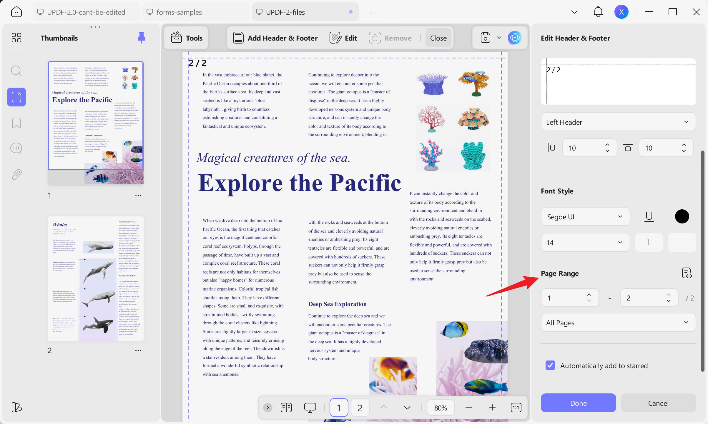 print pdf with page number add specific page