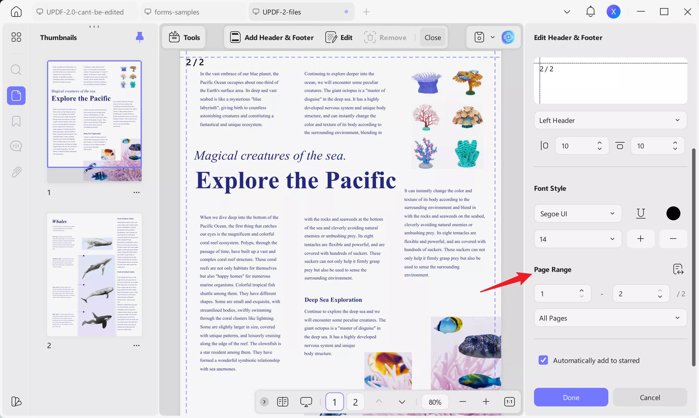 print pdf with page number add specific page