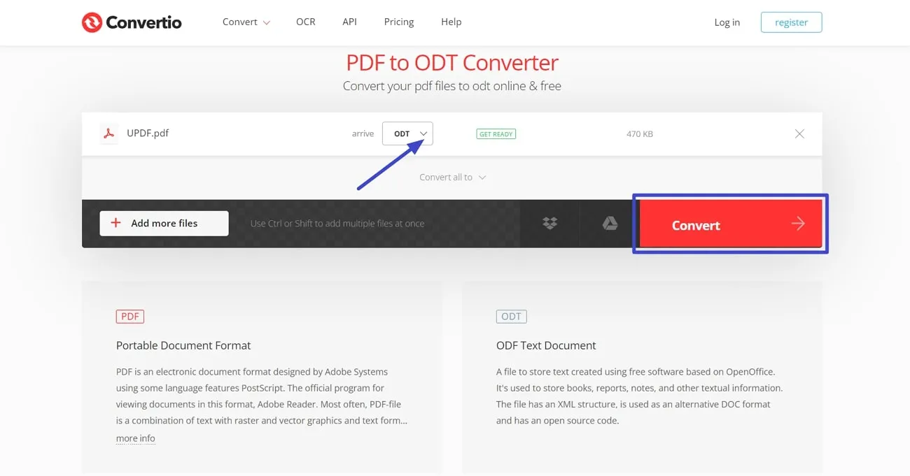 pdf to odf choose odt format from drop-down menu