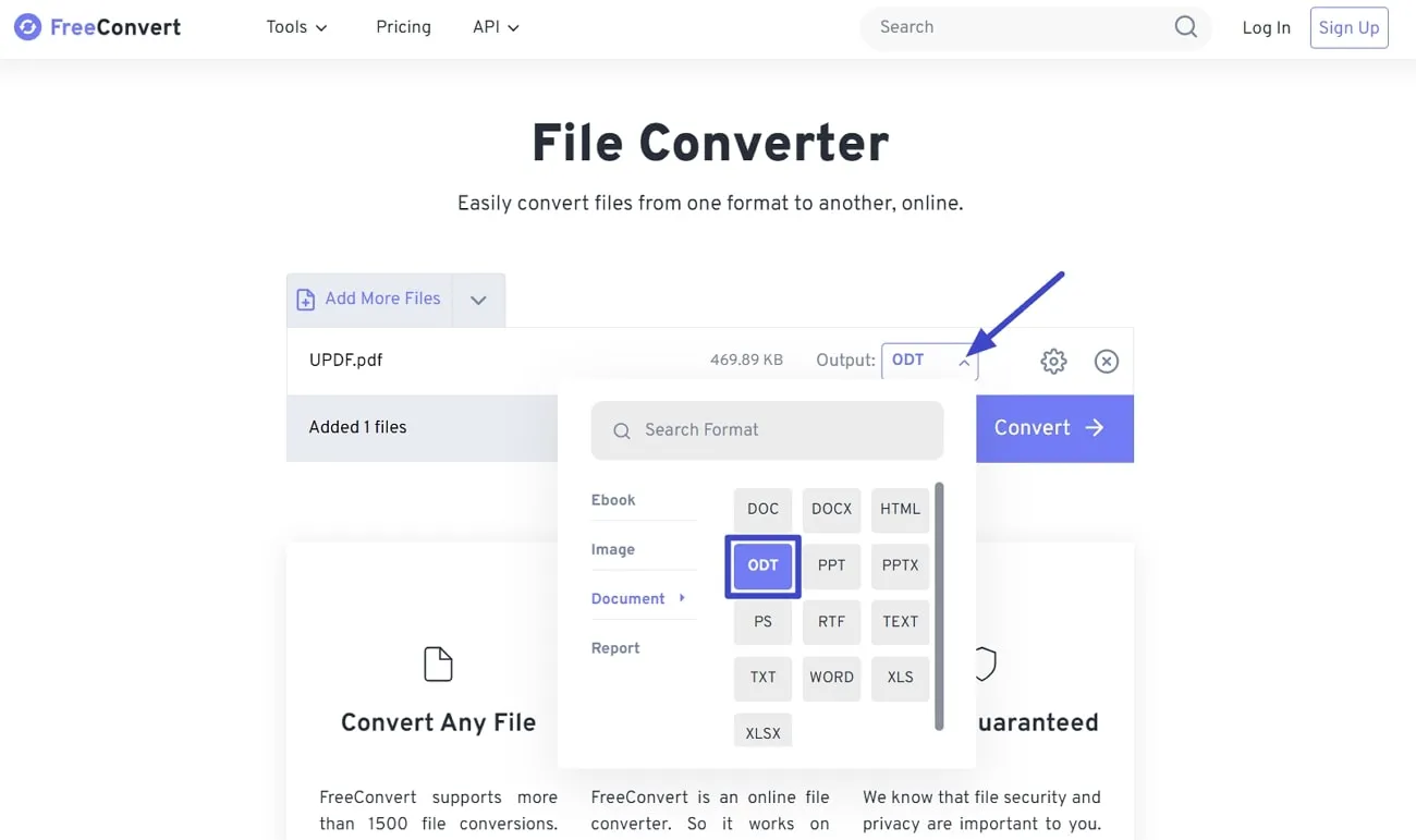 pdf to odf select odt format from output menu