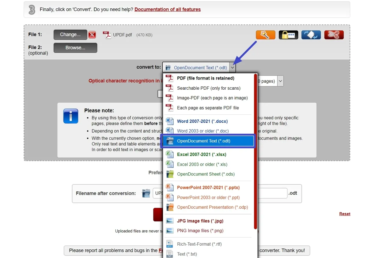 pdf to odf choose odt format from drop-down list