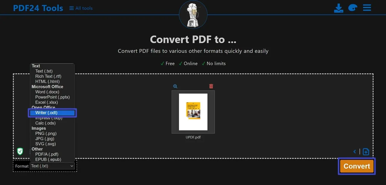 pdf to odf select odt format from menu