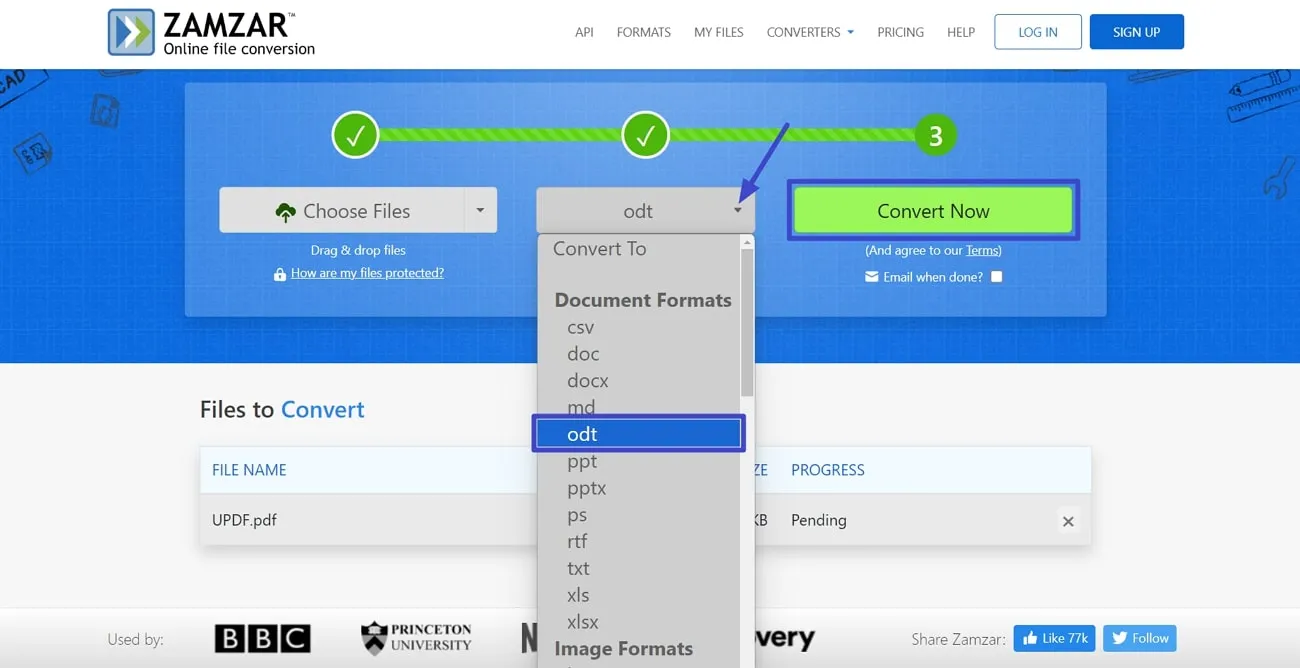 pdf to odf select odt format from drop-down menu