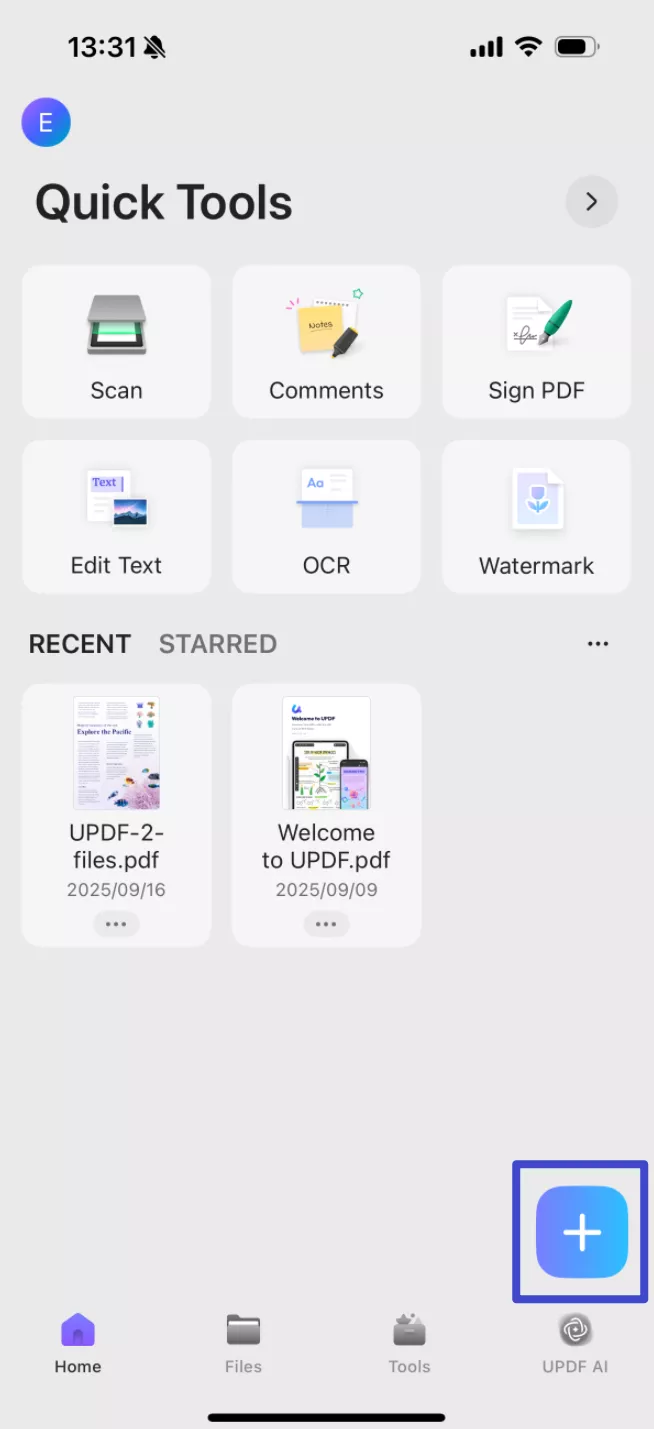 open UPDF on your phone, click the "+" button in the bottom right corner to upload your file