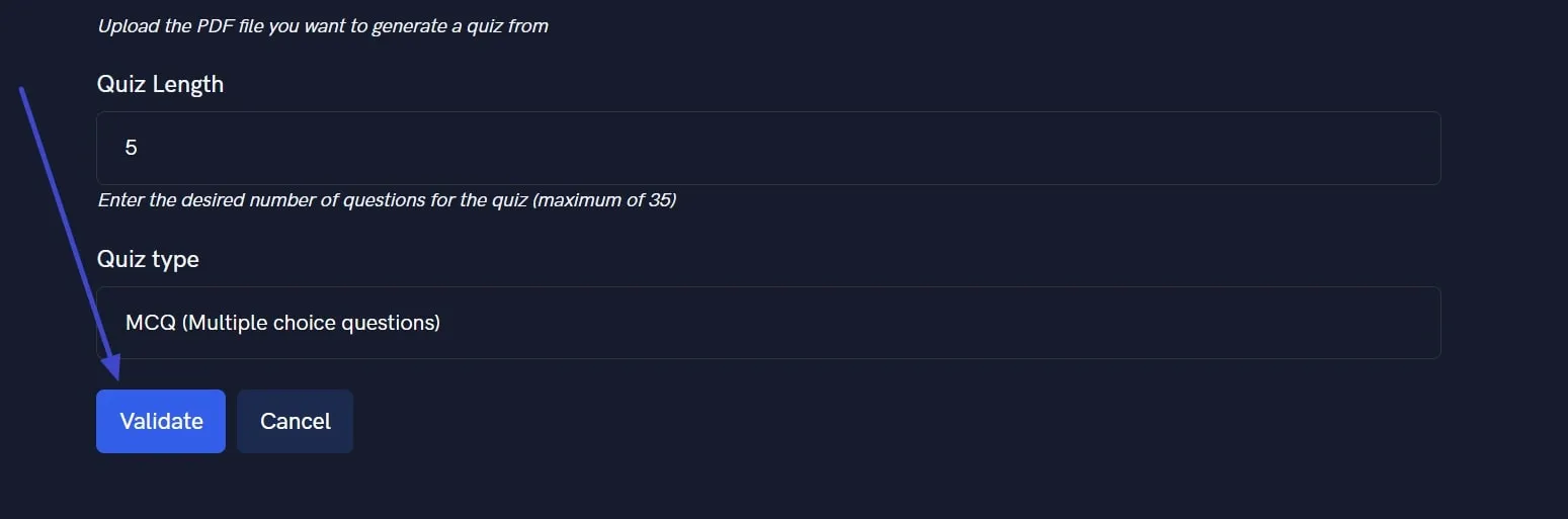 quiz maker from pdf hit the validate button
