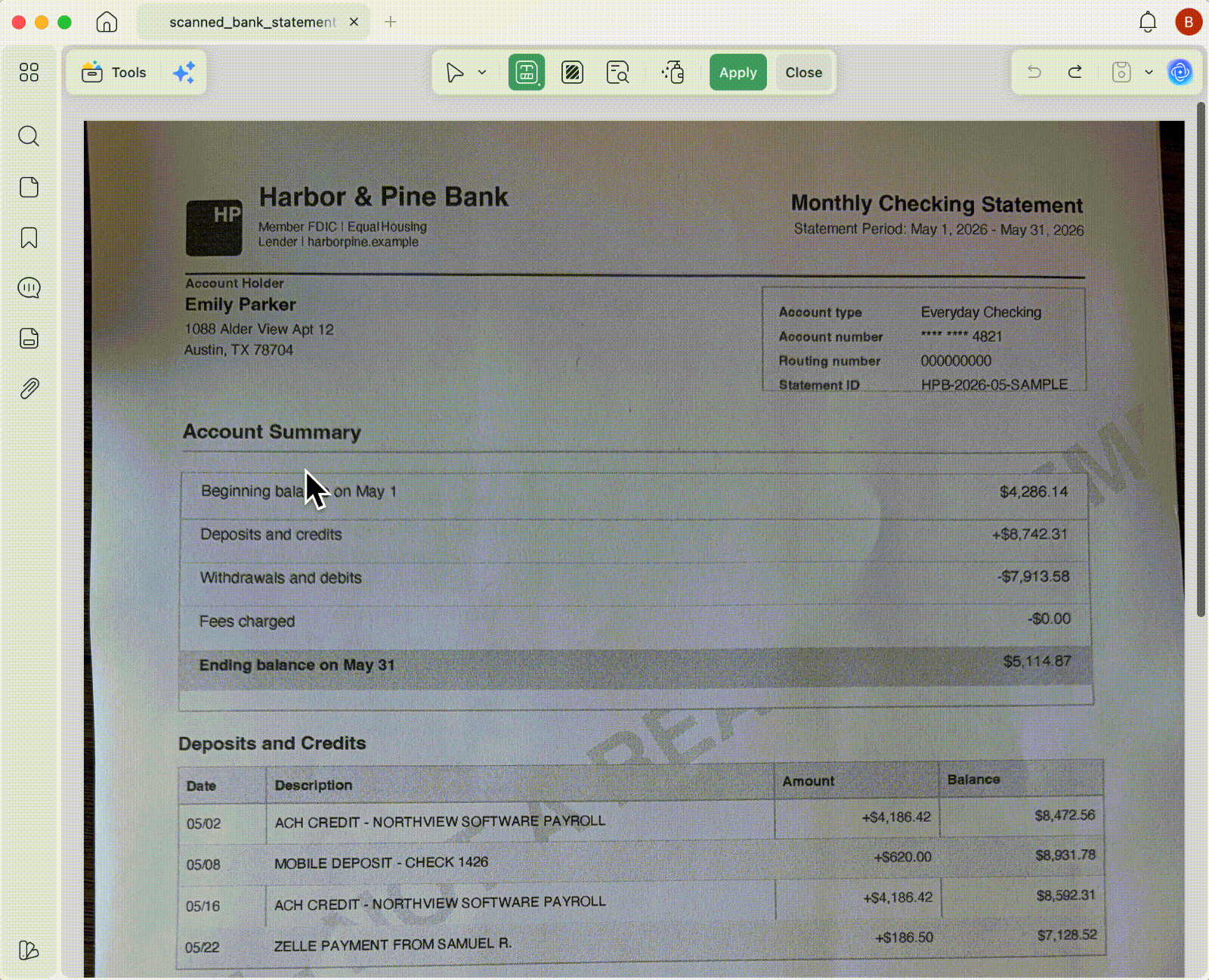 redact scanned bank statement