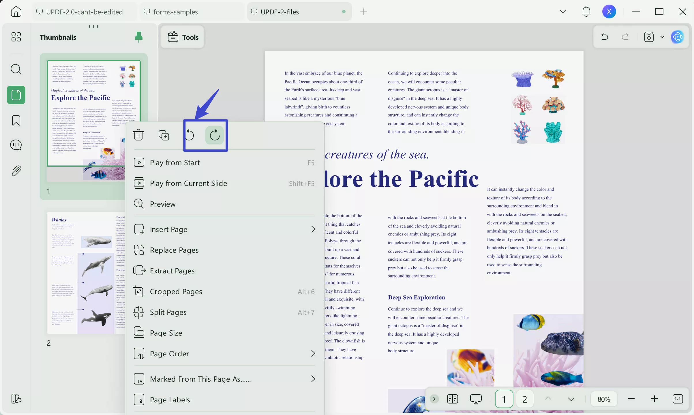 rotate only one page in pdf updf via thumbnail