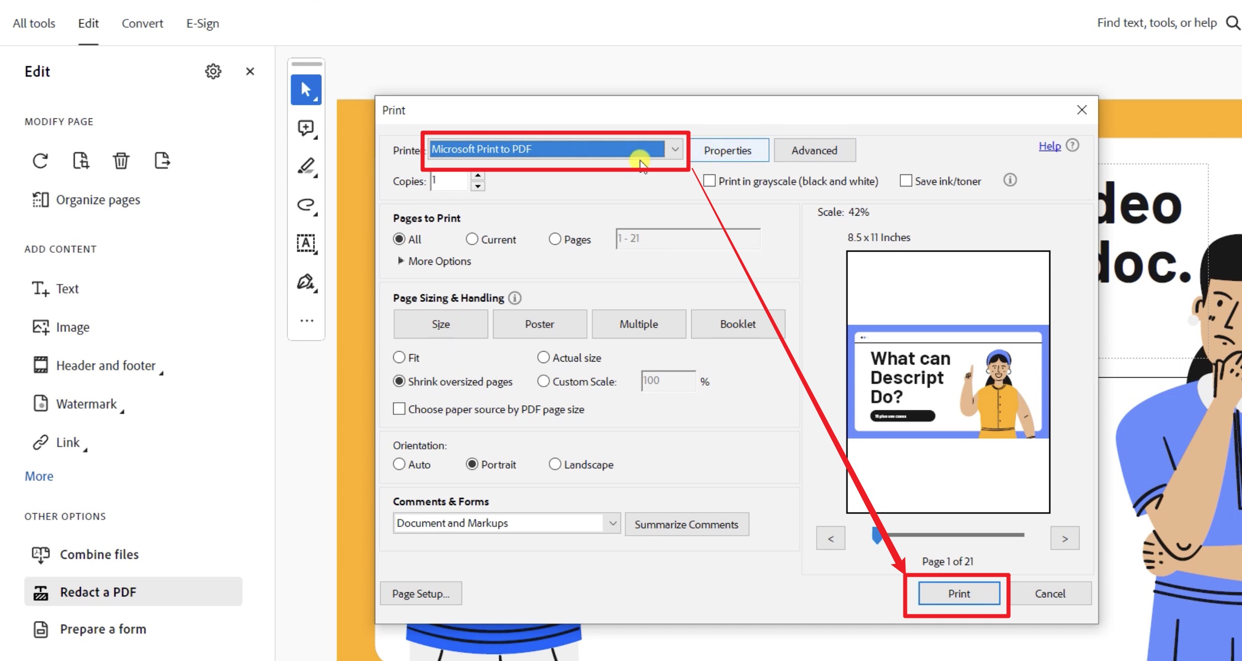 set the printer to microsoft to pdf