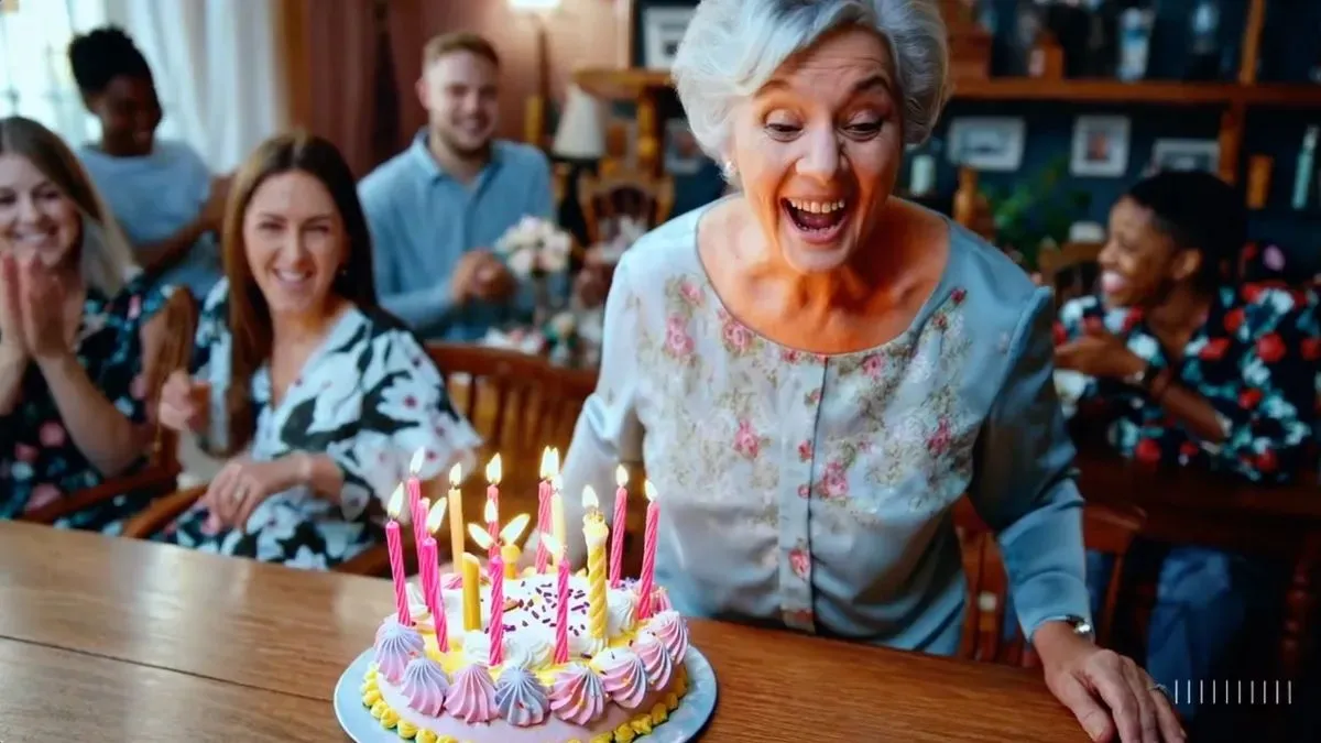 Screenshot di un video generato da Sora che mostra una nonna che festeggia il suo compleanno