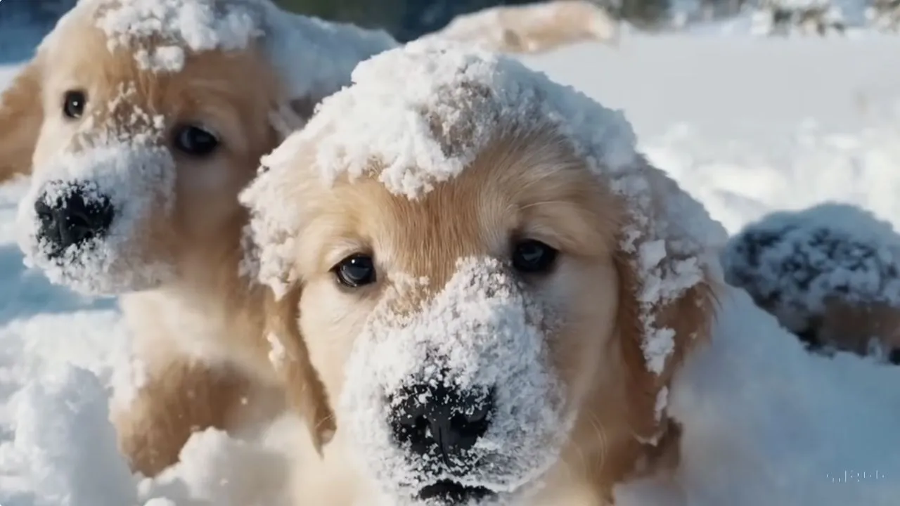 Screenshot of two dogs covered in snow from a video generated by Sora.