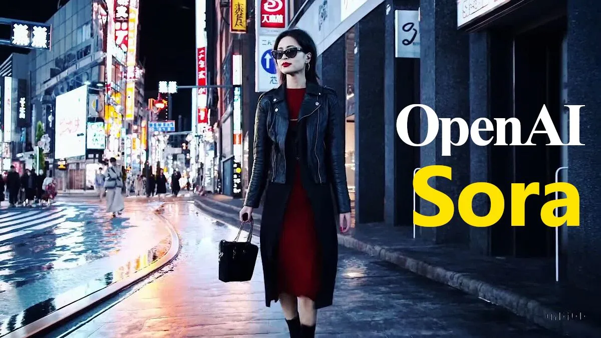 Sora hat ein Video von einer Frau erstellt, die durch eine feuchte Straße in Tokio läuft.