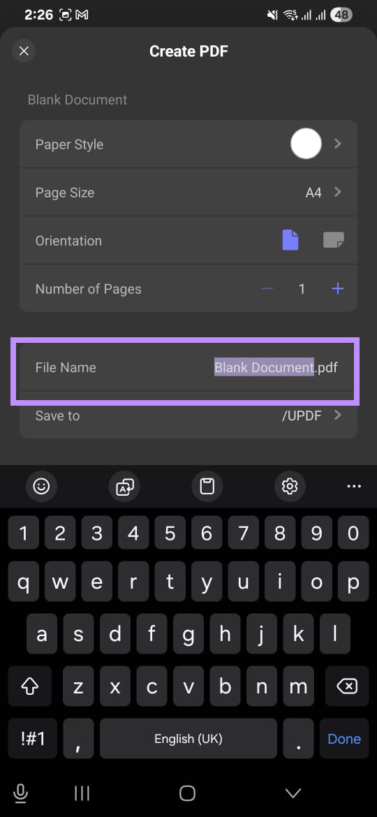 add a file name to create a blank pdf updf android