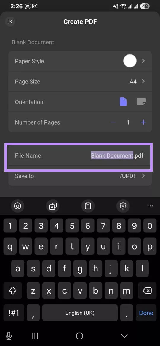  add a file name to create a blank pdf updf android
