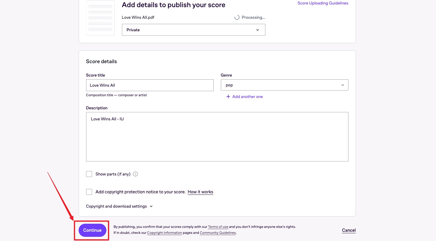 add details to publish your score musescore