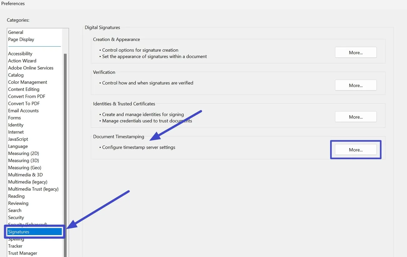 how to create digital signature in pdf click more to enter timestamp settings