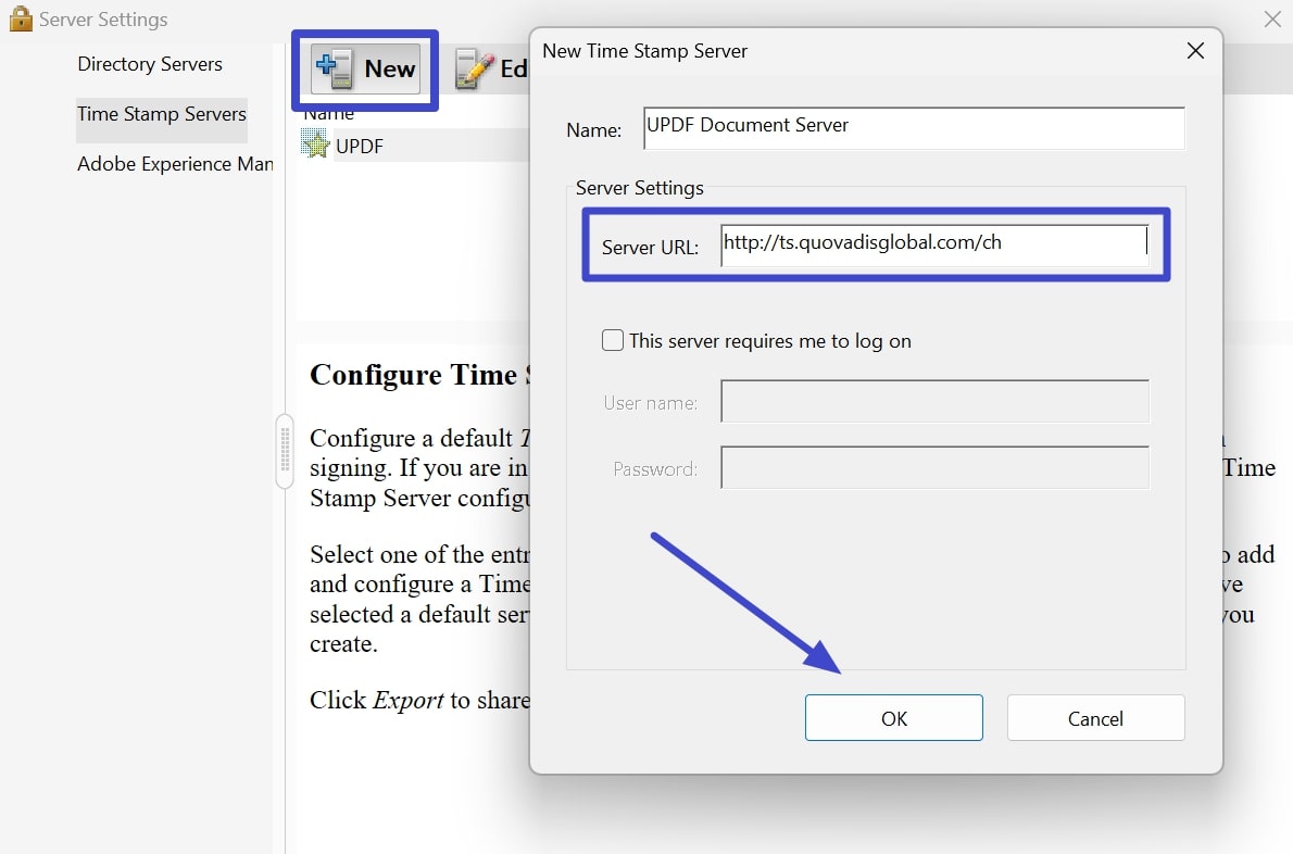 how to create digital signature in pdf paste url of timestamp server