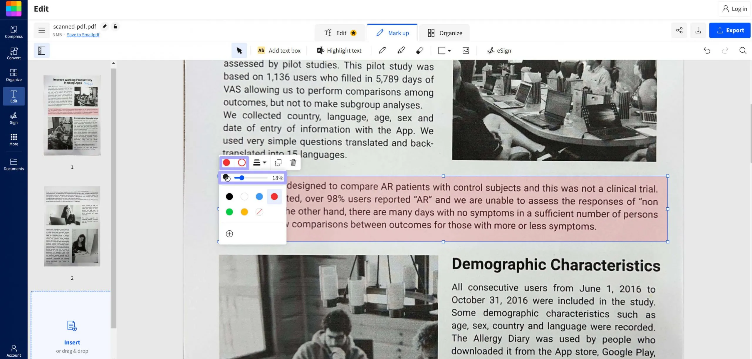 Adjust the highlighted color in scanned PDF with SmallPDF