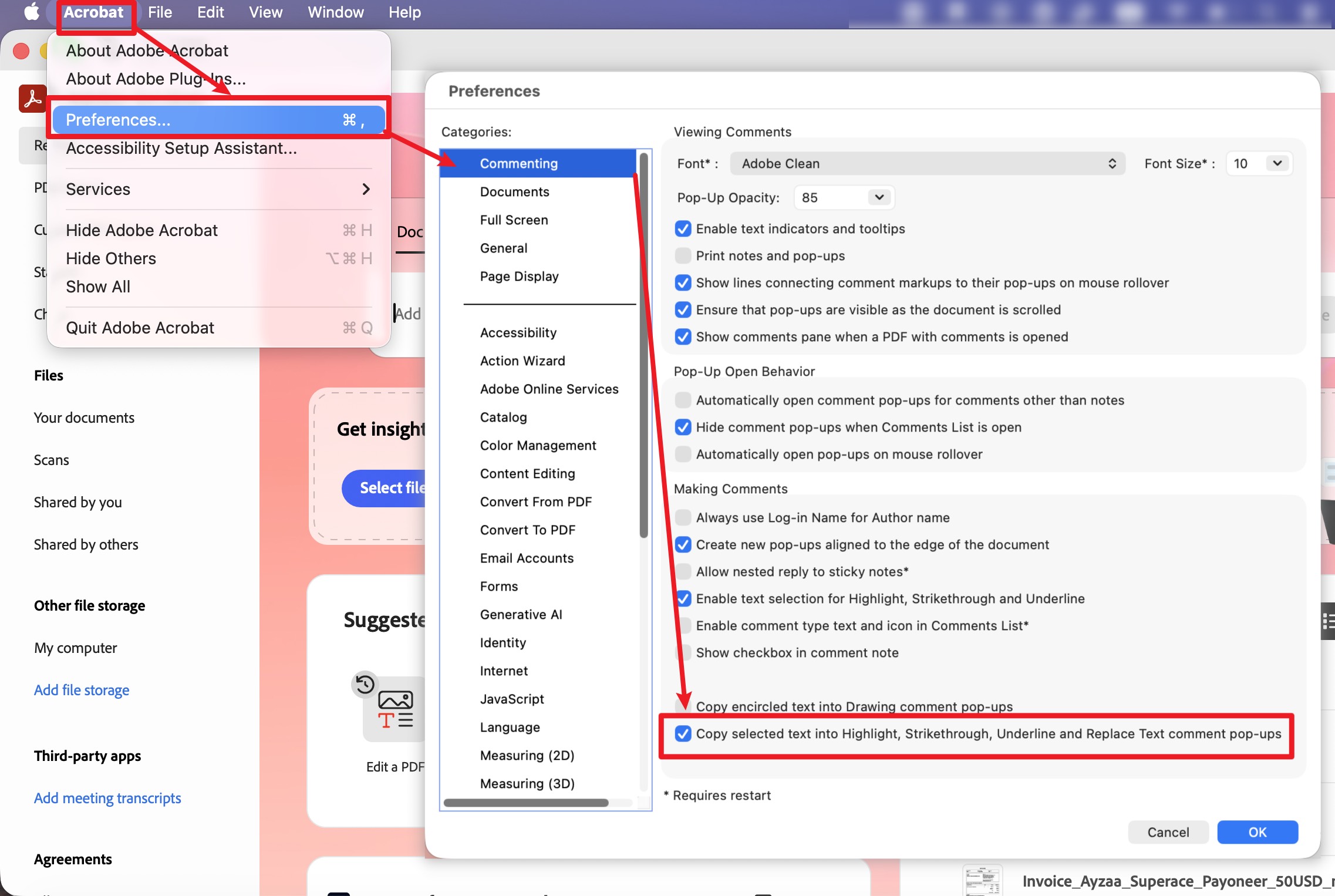 change acrobat settings to capture highlighted text