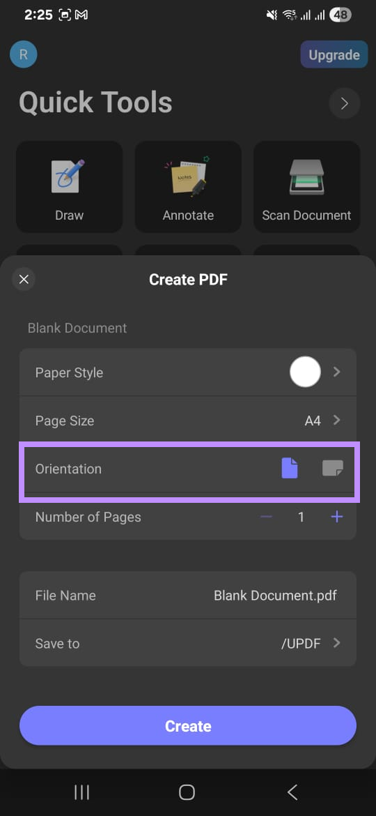 choose a page orientation to create a blank pdf updf android
