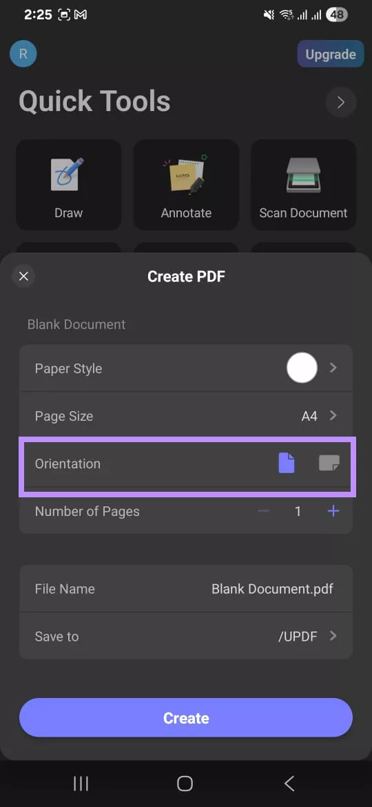 choose a page orientation to create a blank pdf updf android