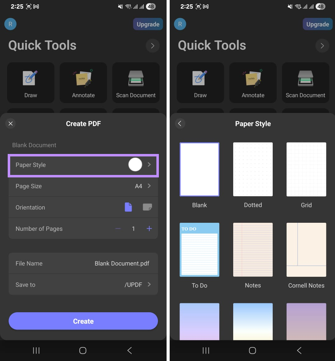 choose paper style for blank pdf updf android