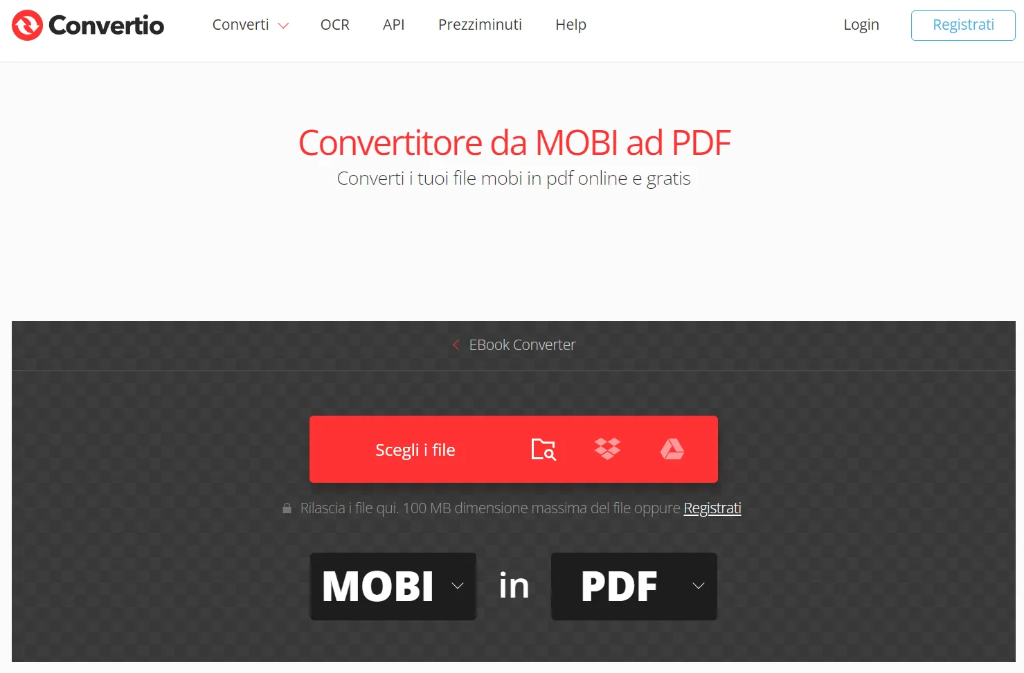 Convertire mobi in PDF con Convertio