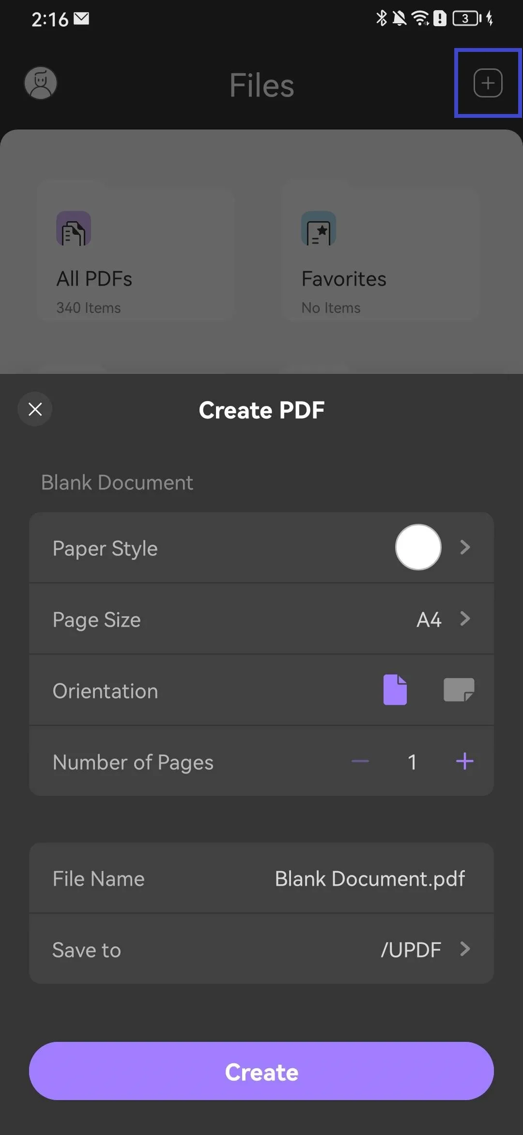 Créer un PDF vierge avec UPDF Android