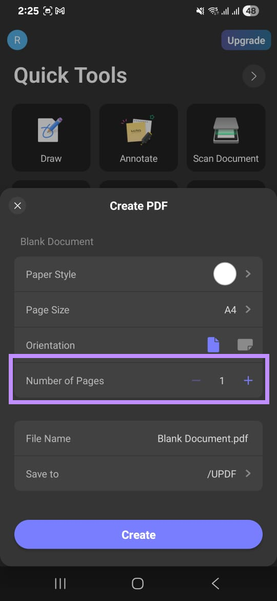 define the number of pages to create a blank pdf updf android