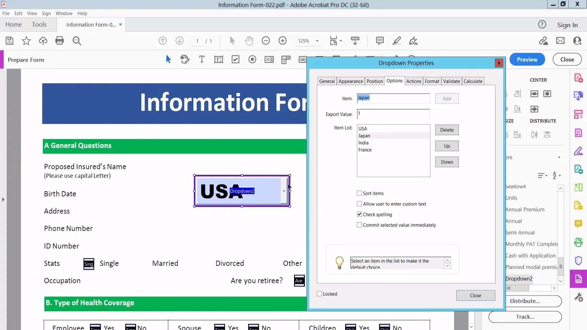 how to edit drop down list in pdf adobe