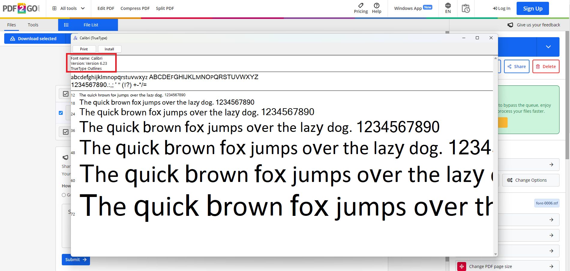 extract font from pdf via pdf2go
