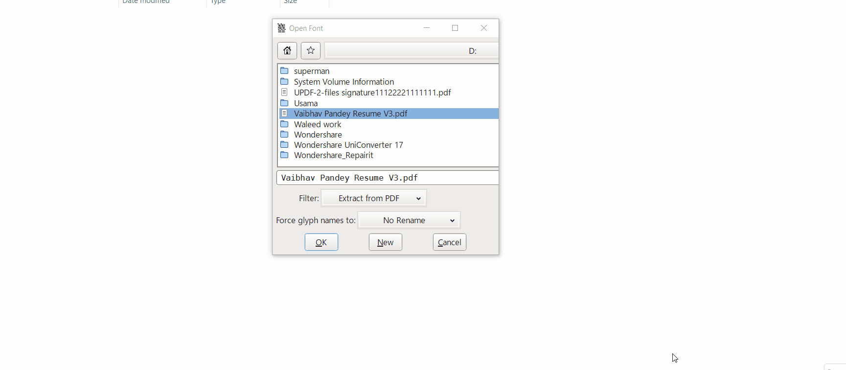 how to extract pdf font fontforge