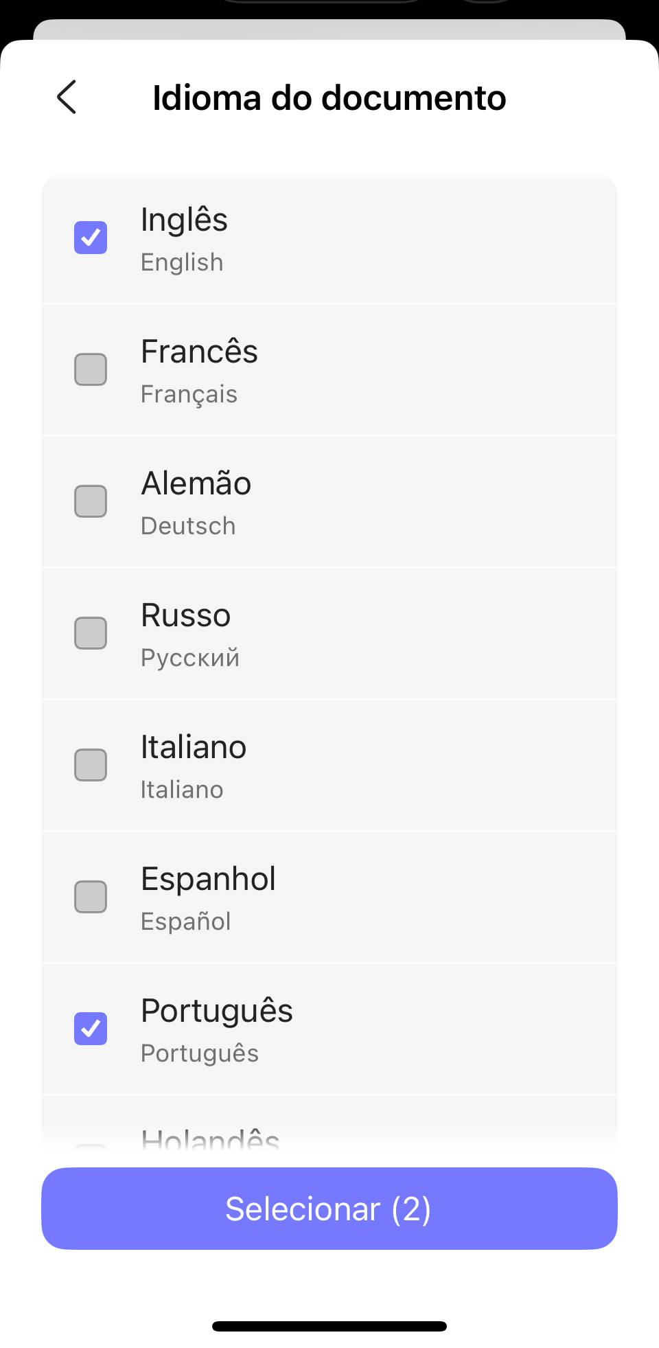 selecionar idioma do documento