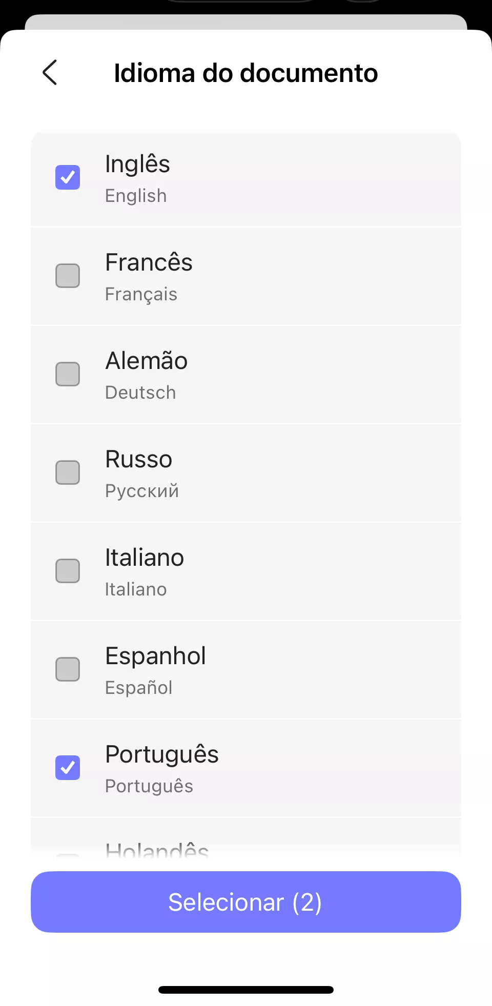 selecionar idioma do documento