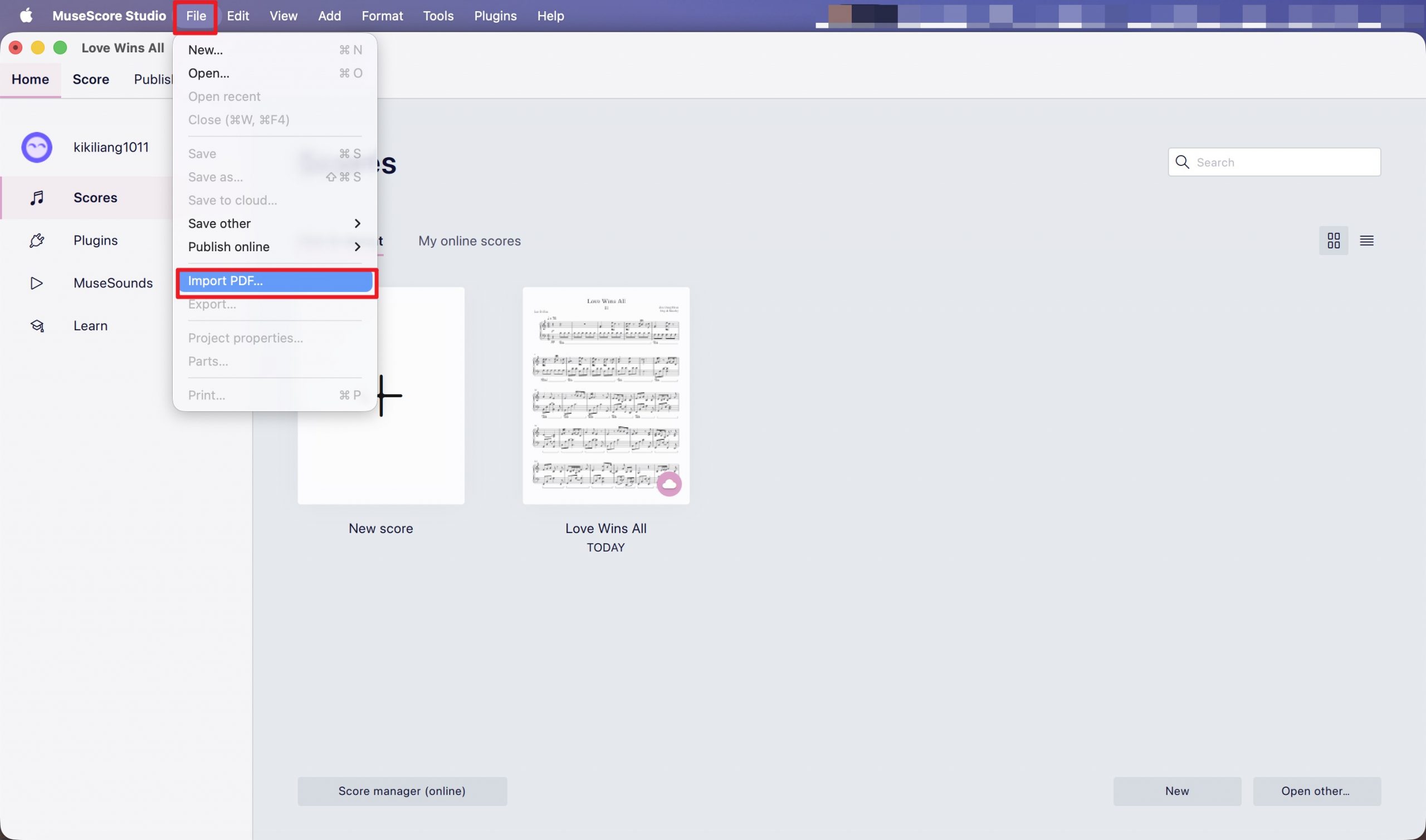 import pdf option in musescore