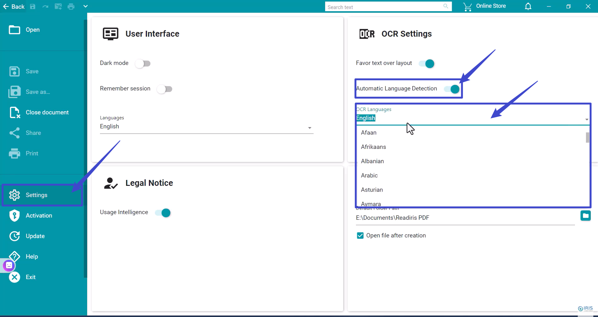 iris ocr settings