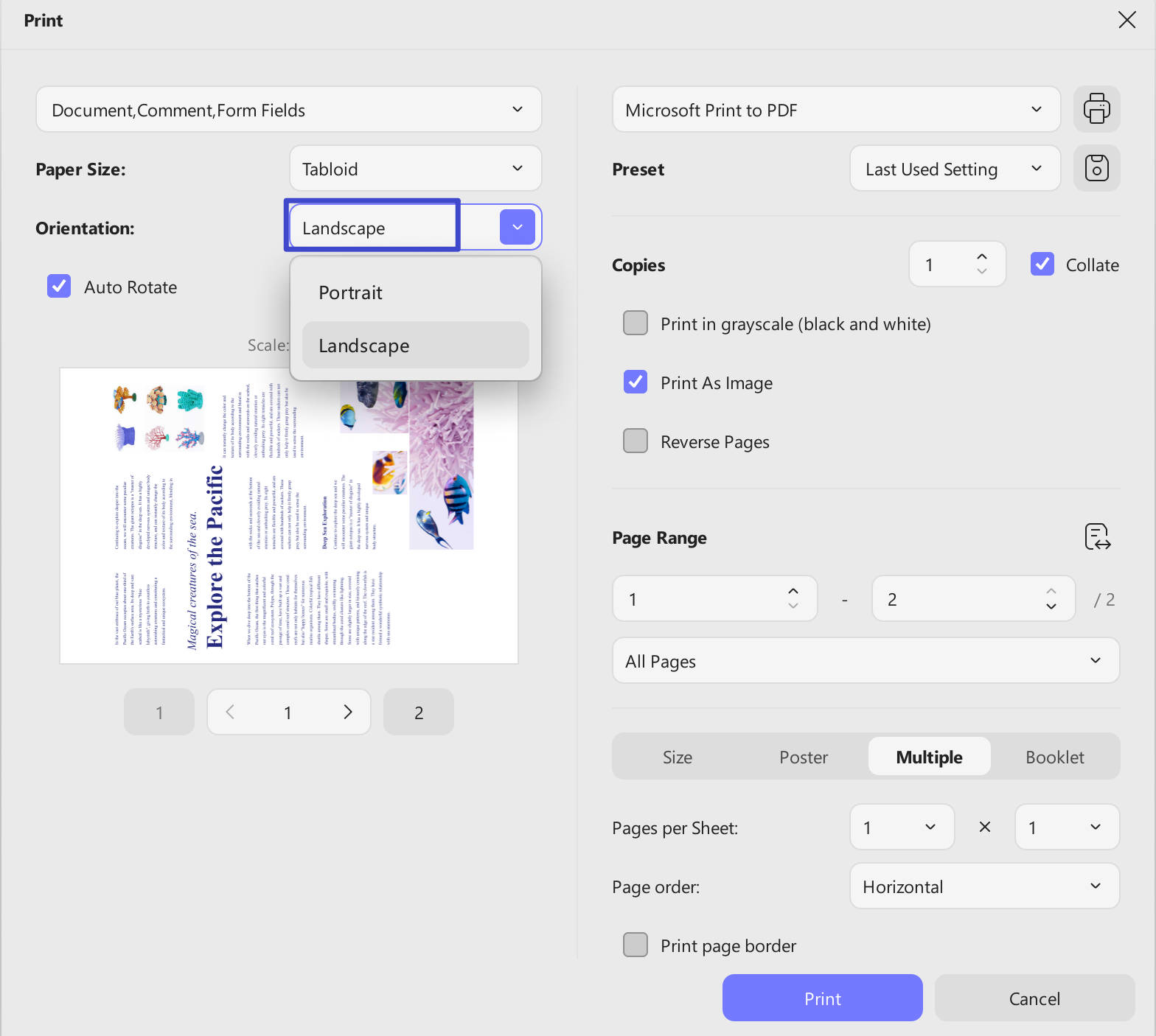 how to print landscape in pdf updf 