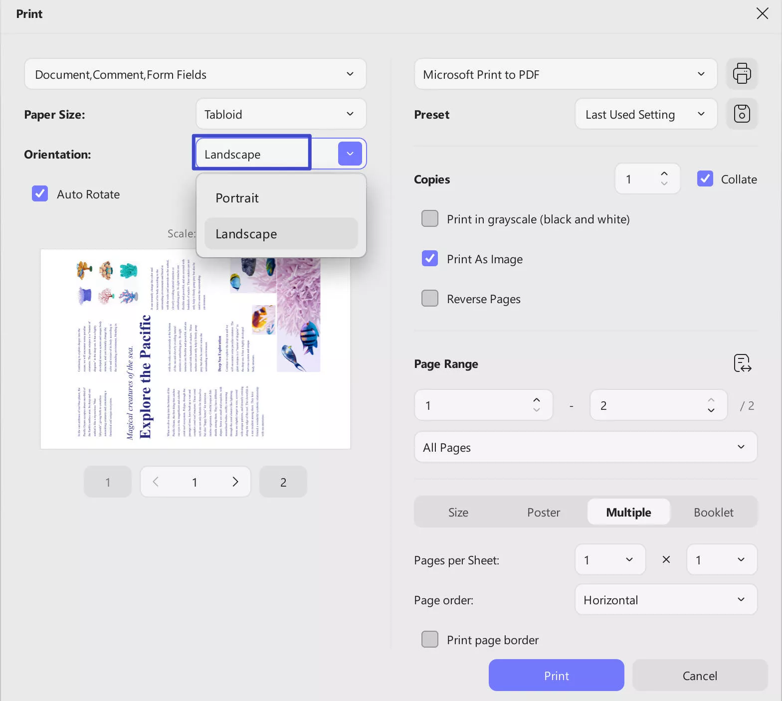 how to print landscape in pdf updf