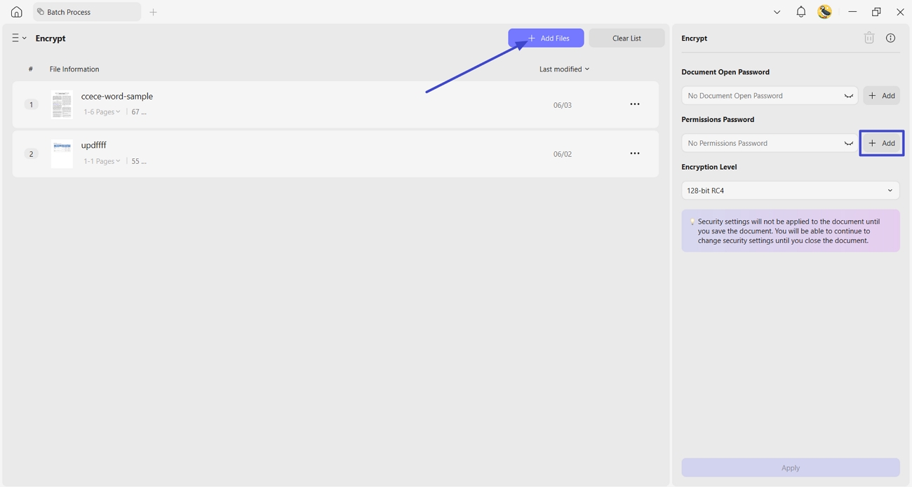 click Add under Permissions Password