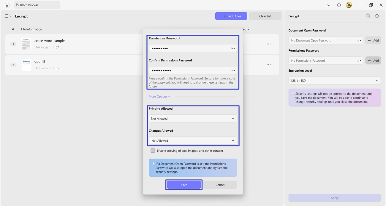 PDF applies the same password and restrictions to every file in the batch