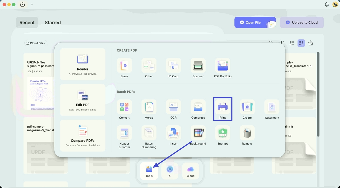 click the “Print” option under the Batch PDFs category mac