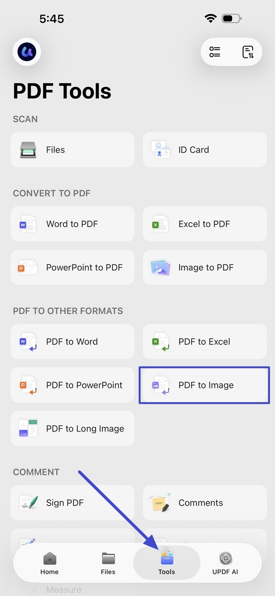 tap PDF to Image in the converter section updf ios