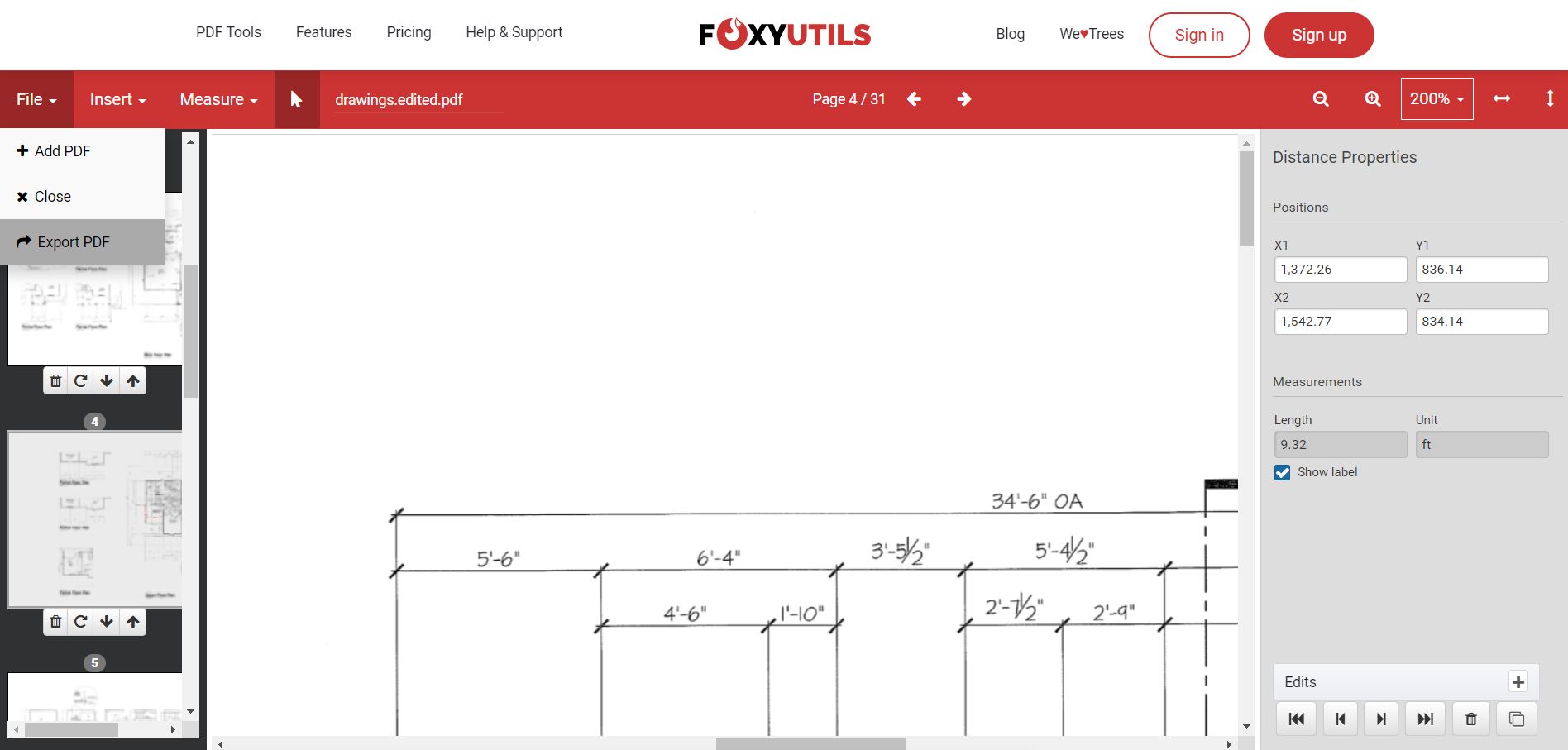 how to measure distance in pdf foxyutils export