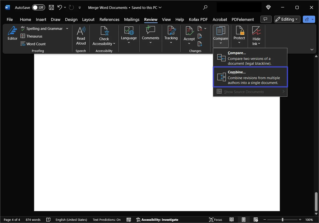 selecione "Combinar" no menu suspenso