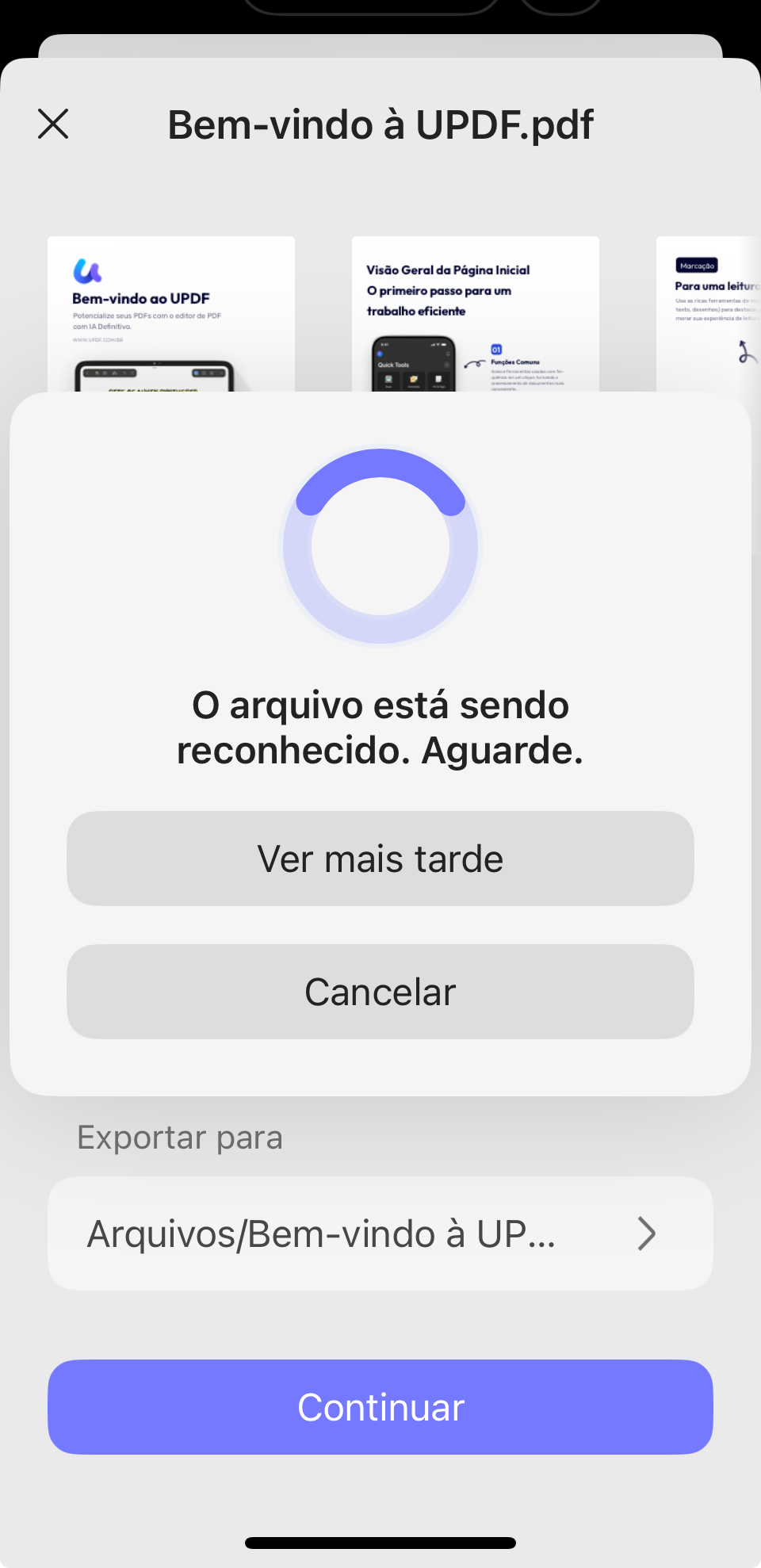 O arquivo está sendo reconhecido. Aguarde.