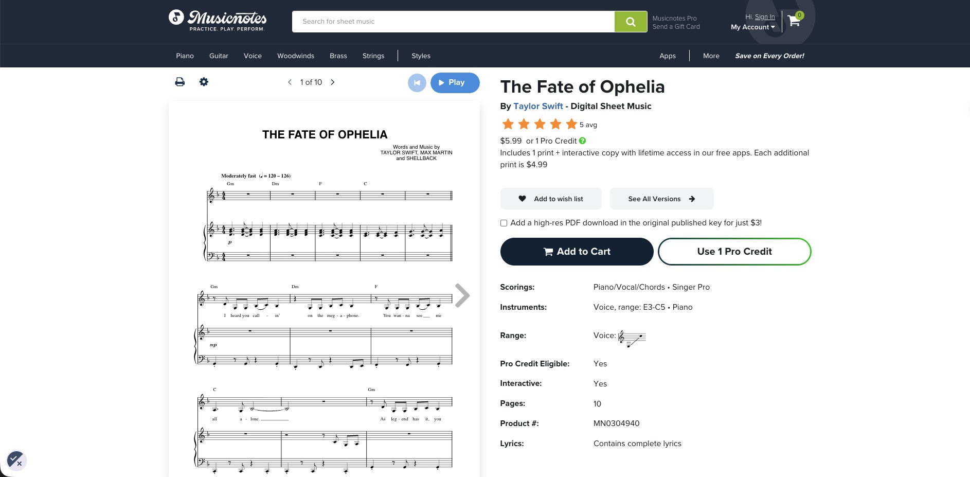 official score on musicnotes