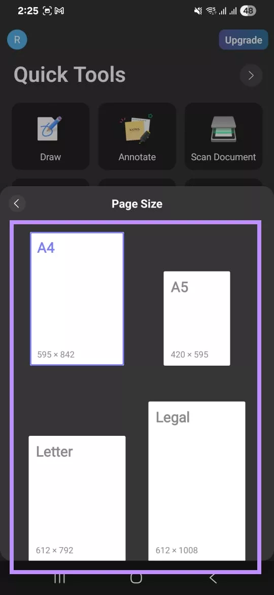  page size options in updf for android