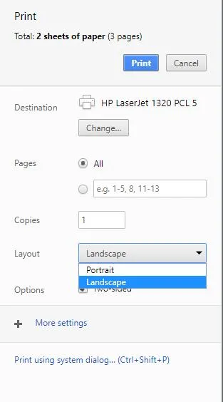 how to print landscape in pdf chrome browser
