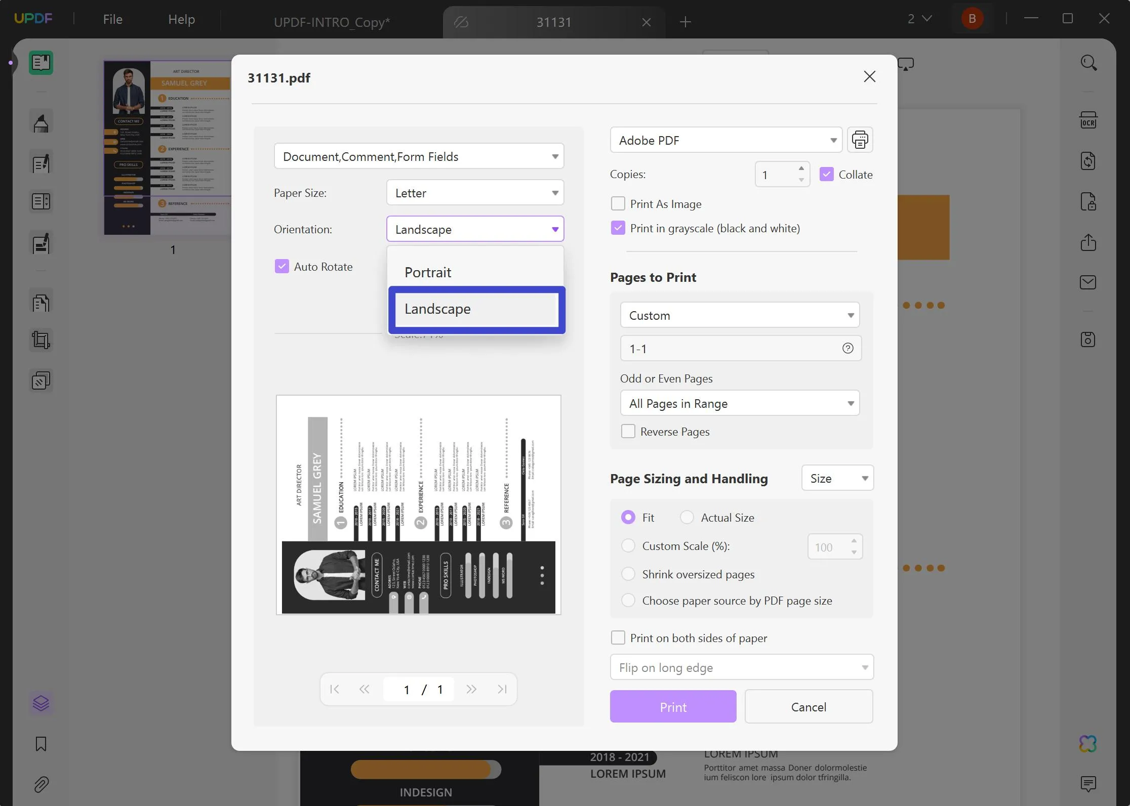 how to print landscape in pdf updf 